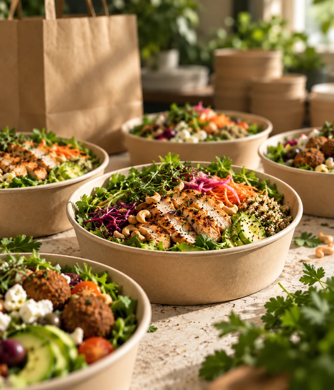 Illustrativ bild av sallader för lunchcatering